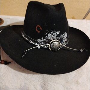 Black Western Cowboy Hat with Feather Accent